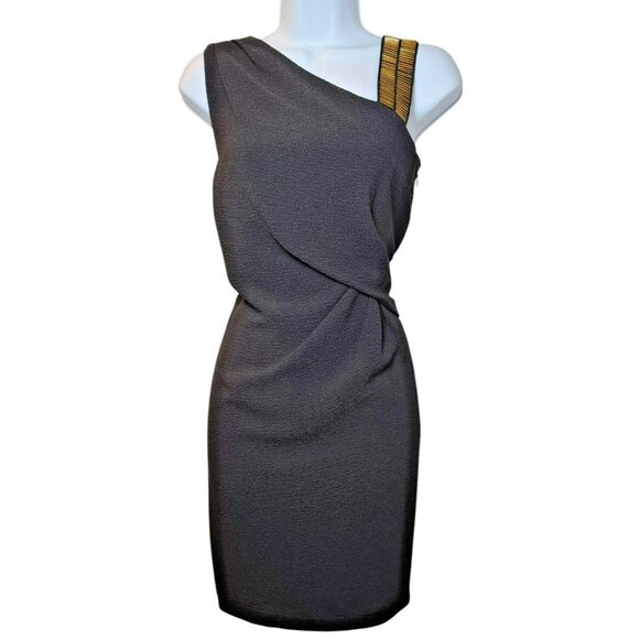 DKNYC Dress Size 6 Black Gold Beaded One Shoulder Cocktail Party Mini Excellent - Picture 1 of 10